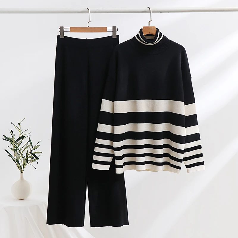 Elegant Turtleneck Stripe Sweater Matching Sets Loungewear Women Knit Pants Suit Casual Winter Knitted Two Piece Sets Women 2024