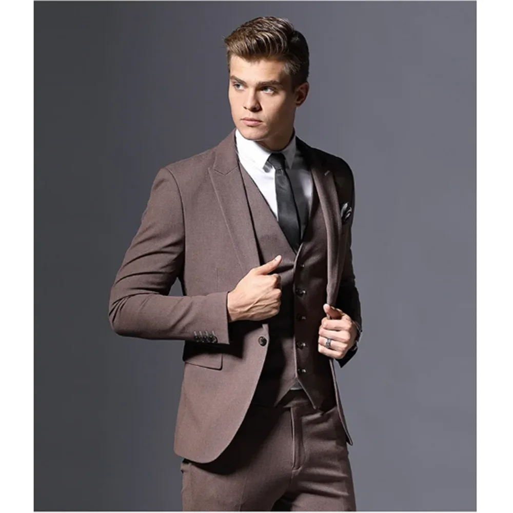 Fashion Chic Brown Gray Black Men Suit 3 Piece Jacket Vest Pants Single Breasted Peak Lapel Business Gentleman Traje De Hombre