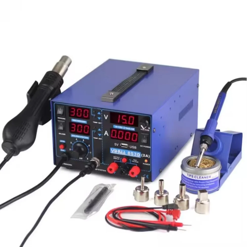 

YIHUA-853D USB 2A 3-In-1 Hot Air Gun Soldering Station 15V 2A Repair Power Supply SMD Rework Station