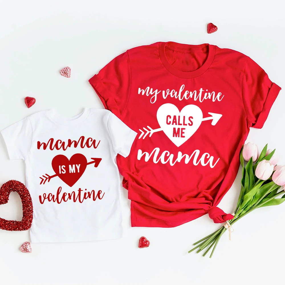 My Valentine Call Me Mama Printed Family Matching Clothes Mother & Kid T Shirt Tops Valentine's Day Family Outfits T-shirt Tee