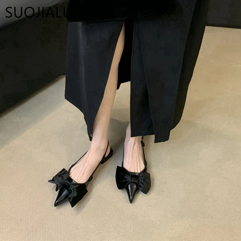 SUOJIALUN 2024 Spring New Women Sandal Fashion Big Bow-knot Ladies Elegant Slingback Shoes Flat Heel Outdoor Dress Mules Sandal