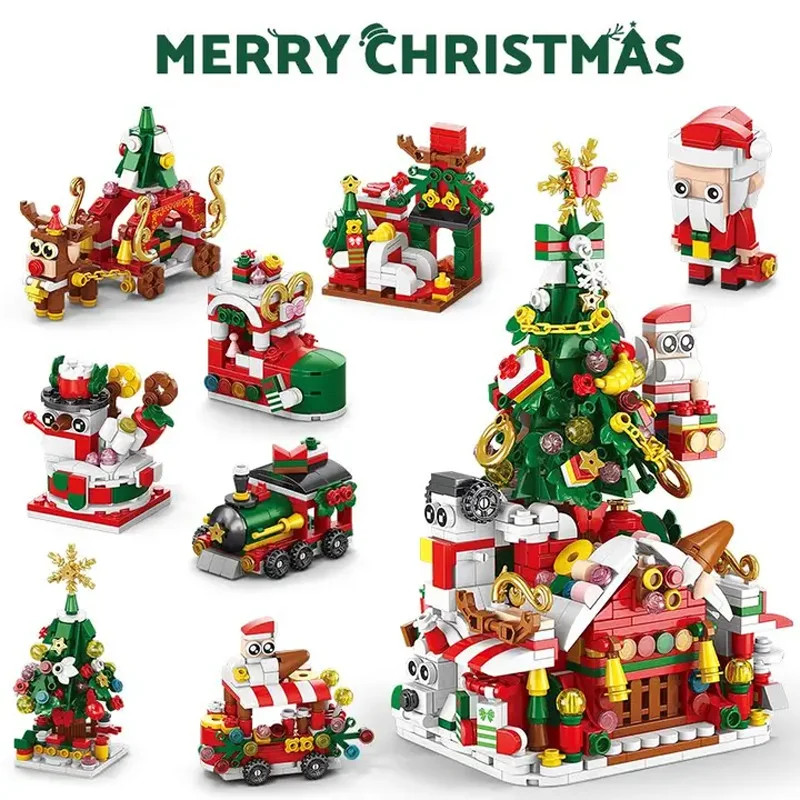 

Santa Claus Shoe Gift Shop Reindeer Sleigh Train Dessert Car Evening Lounge 8in1 Sets Building Blocks Kids Toys Gift