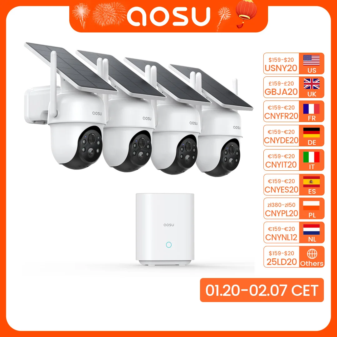 AOSU Wireless 4 Cams Kit Solar Camera System 5000mAh Battery 360° View PTZ Cameras with Solar Panel Wifi Camera Set Support Alex