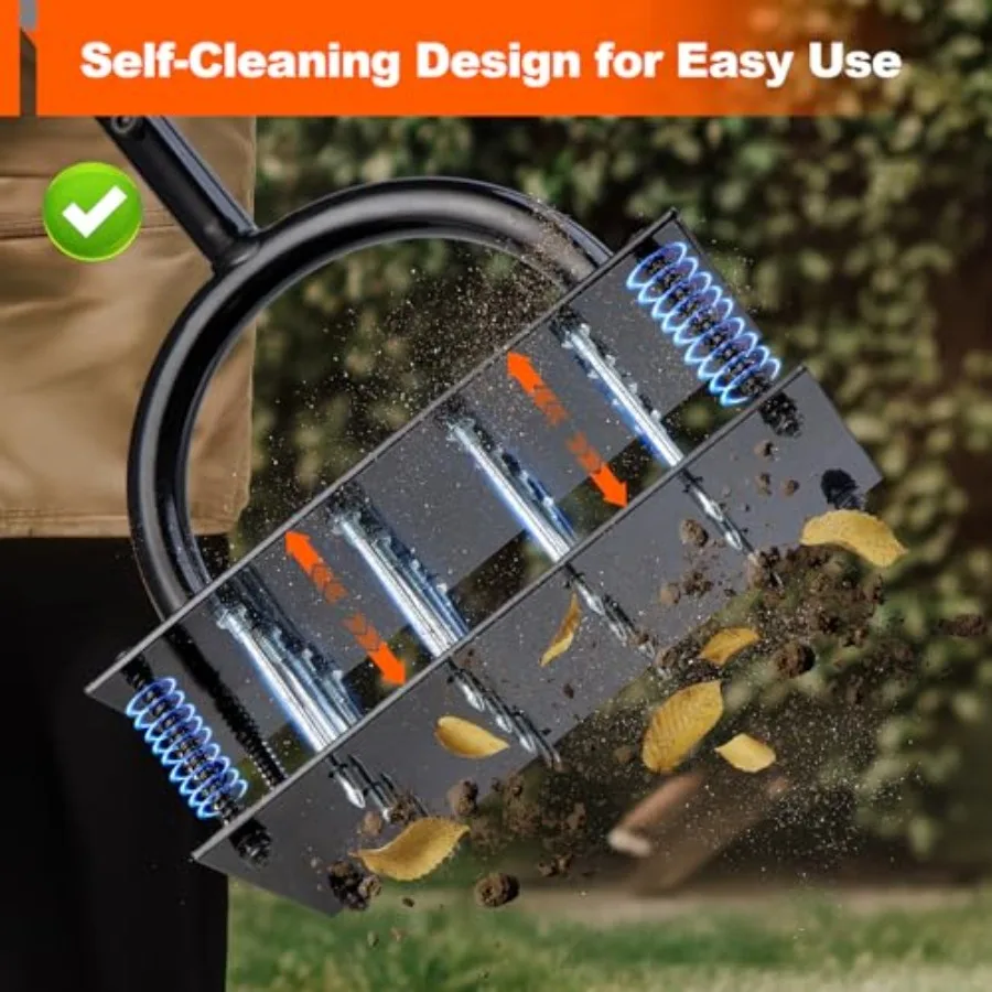 Ferramenta aerador de gramado com 16 pontas de ferro e impulso ergonômico para afrouxamento eficiente do solo e aeração de quintal, limpeza automática de sujeira