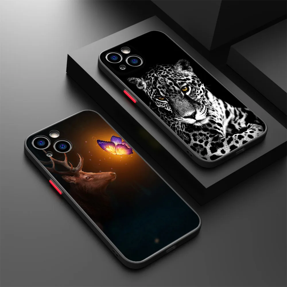 Phone Case For iPhone 16 Plus 15 Pro Max 14 7 8 Plus XR SE 11 12 13 Mini X XS 16Pro Snow Deer Leopard Black Translucent Cover