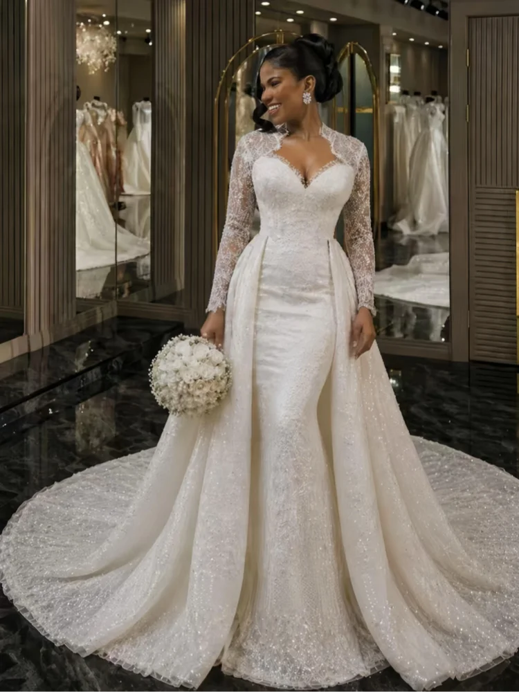 Detachable South African Wedding Dresses Black Girls Long Sleeves Lace Saudi Arabia Bridal Gown Vestido De Noiva Customized
