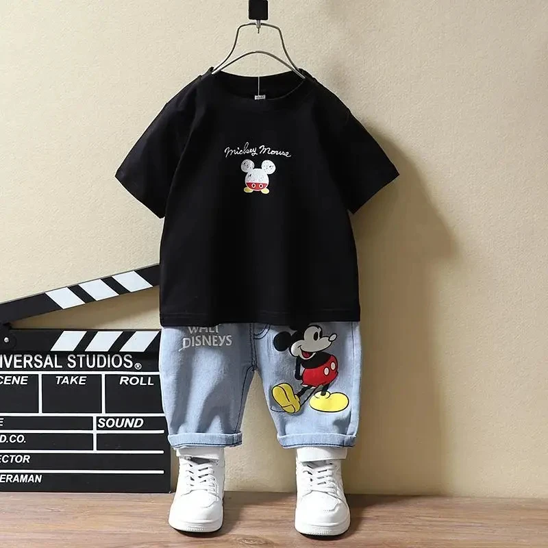 

Baby Boys Mickey Mouse Short Sleeve T-shirt+Jeans Sets Clothes Summer Children Fashion Clothing Outfits Kids Tracksuits 1-7Year