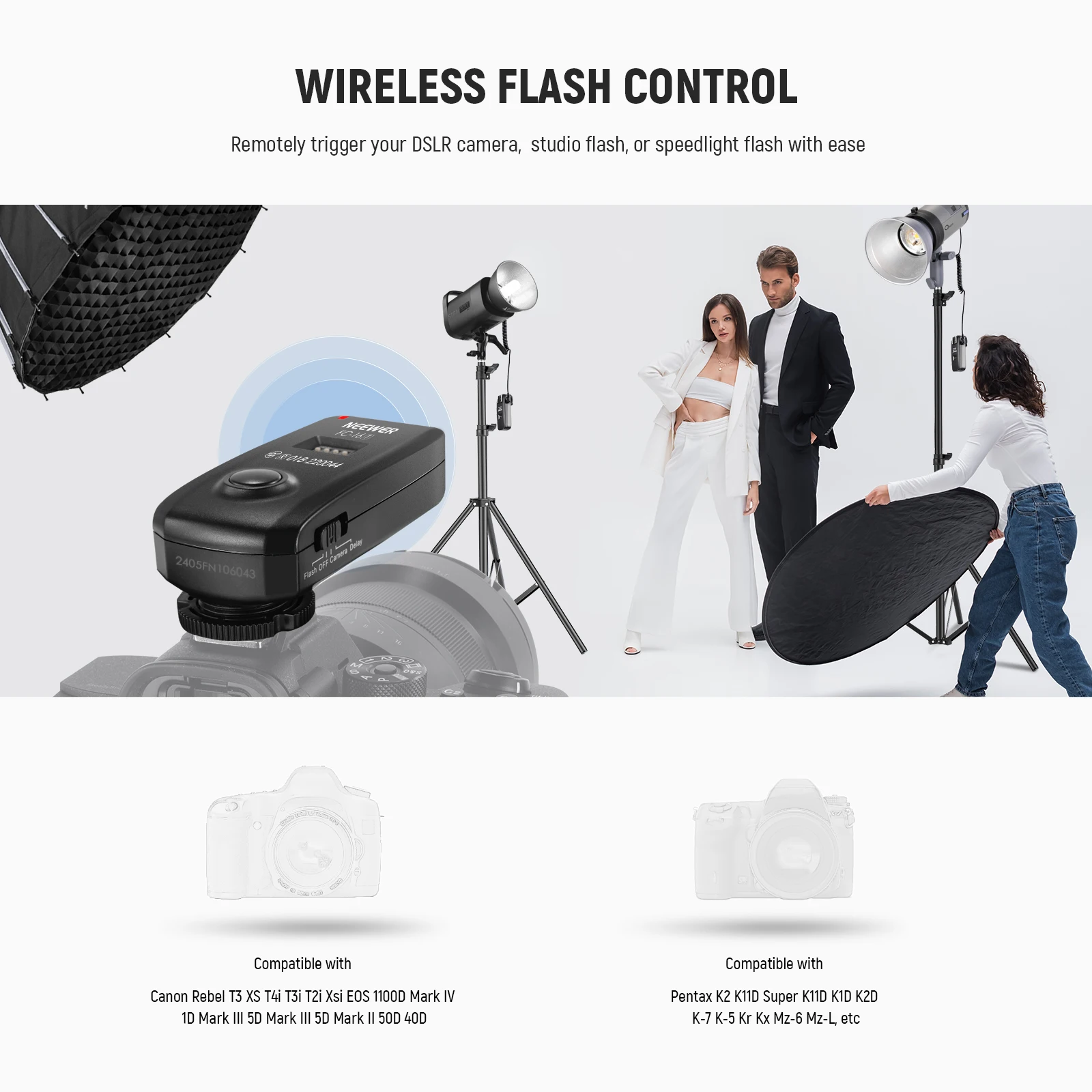 NEEWER FC-16 2.4G Wireless Camera Shutter Studio Flash Trigger with Two Receivers Compatible with Canon/Nikon/Sony