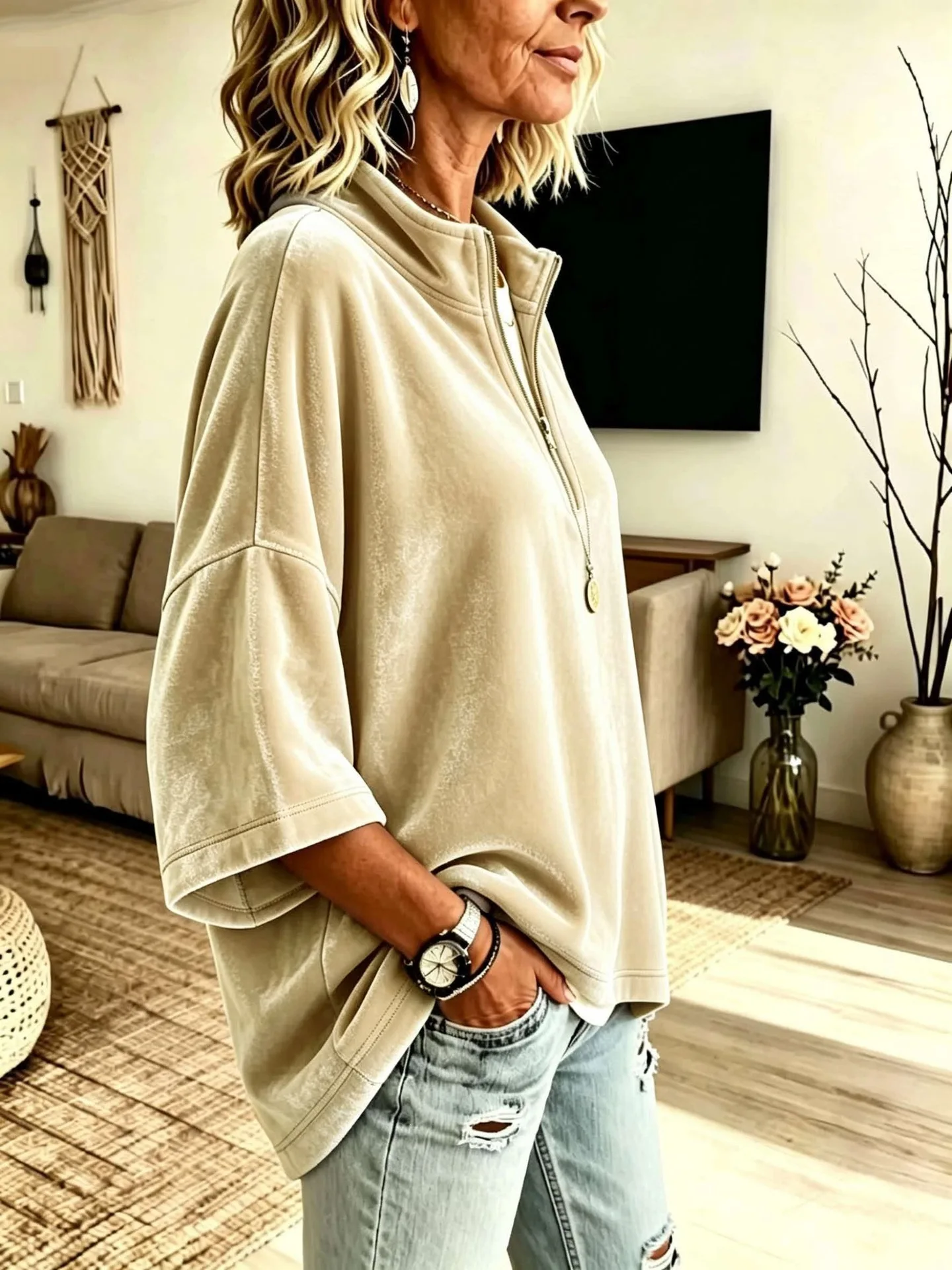 Autumn Winter Velvet Solid Half Zip Sweatshirts Stand Collar 3/4 Sleeve Loose Casual Pullover Tops Women Vacation Daily Hoodie