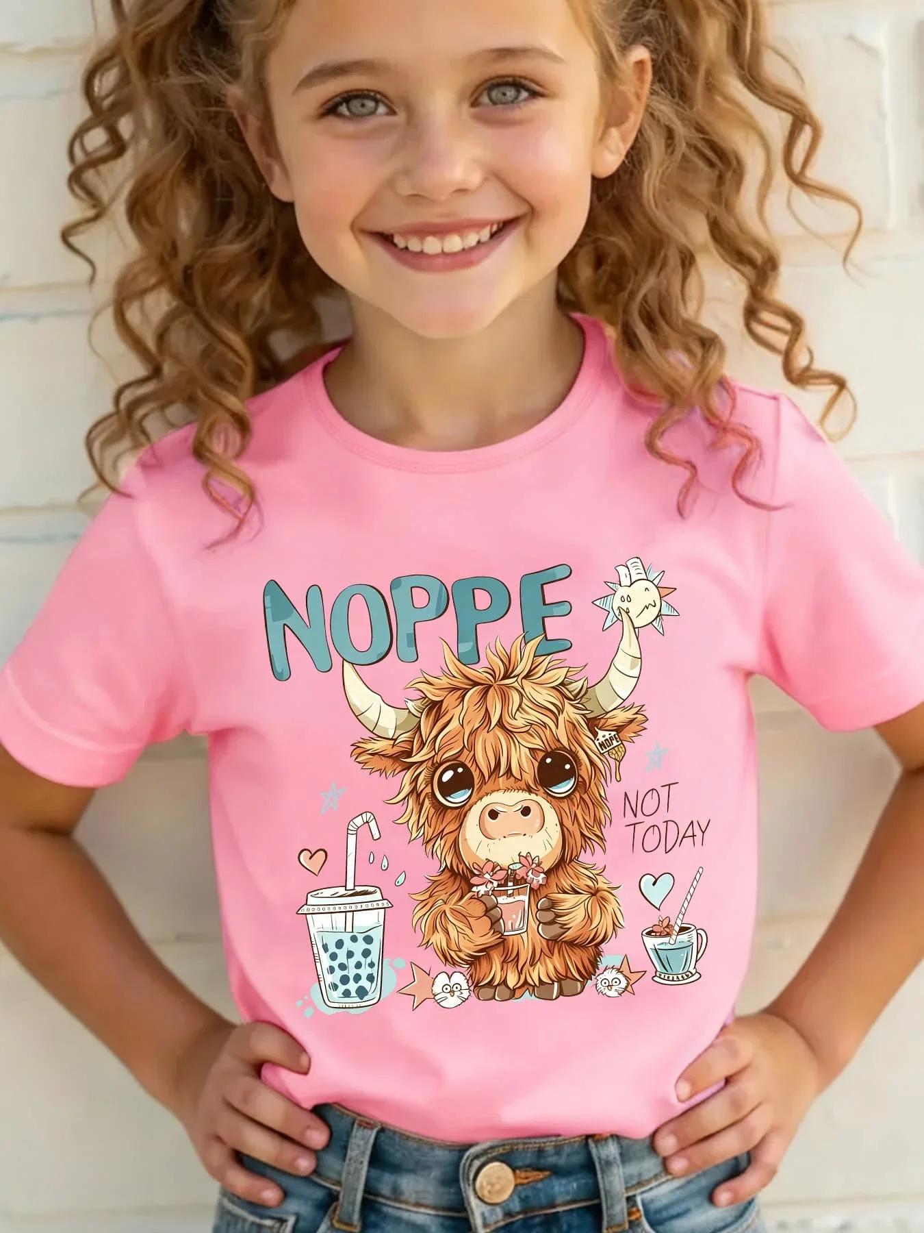 Girls Cute Highland Cow Nope Not Today Graphic T Shirt Kids Bubble Tea Cartoon Animal Short Sleeve Tee Casual Daily Tops