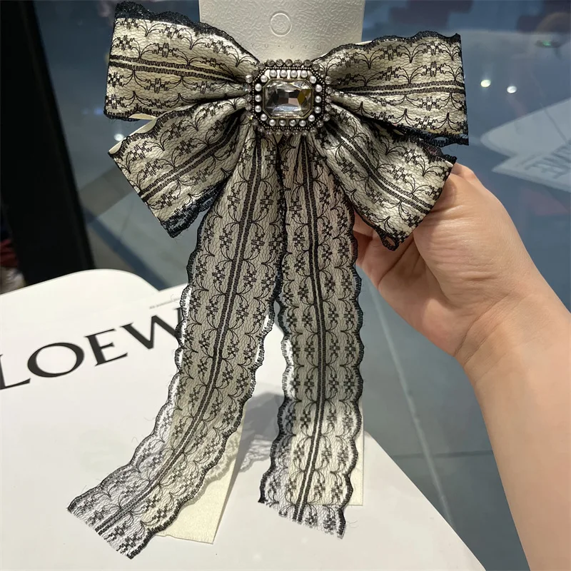 Women's New Lace Bow Tie Korean Fashion Shirt Uniform Collar Luxurious Rhinestone Brooch Hair Accessory Dual-purpose Accessory