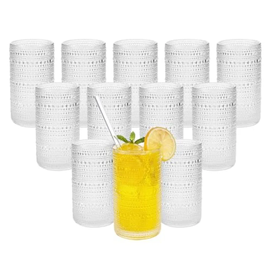 Vintage hobnail drinking glasses set of 12, 16 oz embossed clear tumblers for kitchen bar use: glass material, transparent, lar