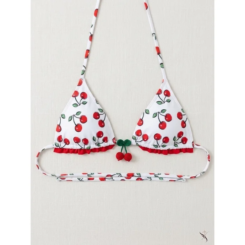 JEWELRY SEN Women Halter Triangle Bikini Top Cherry Print 3D Fruit Pendant Ruffle Trim Sexy Swimsuit Summer Beach Bathing Suit