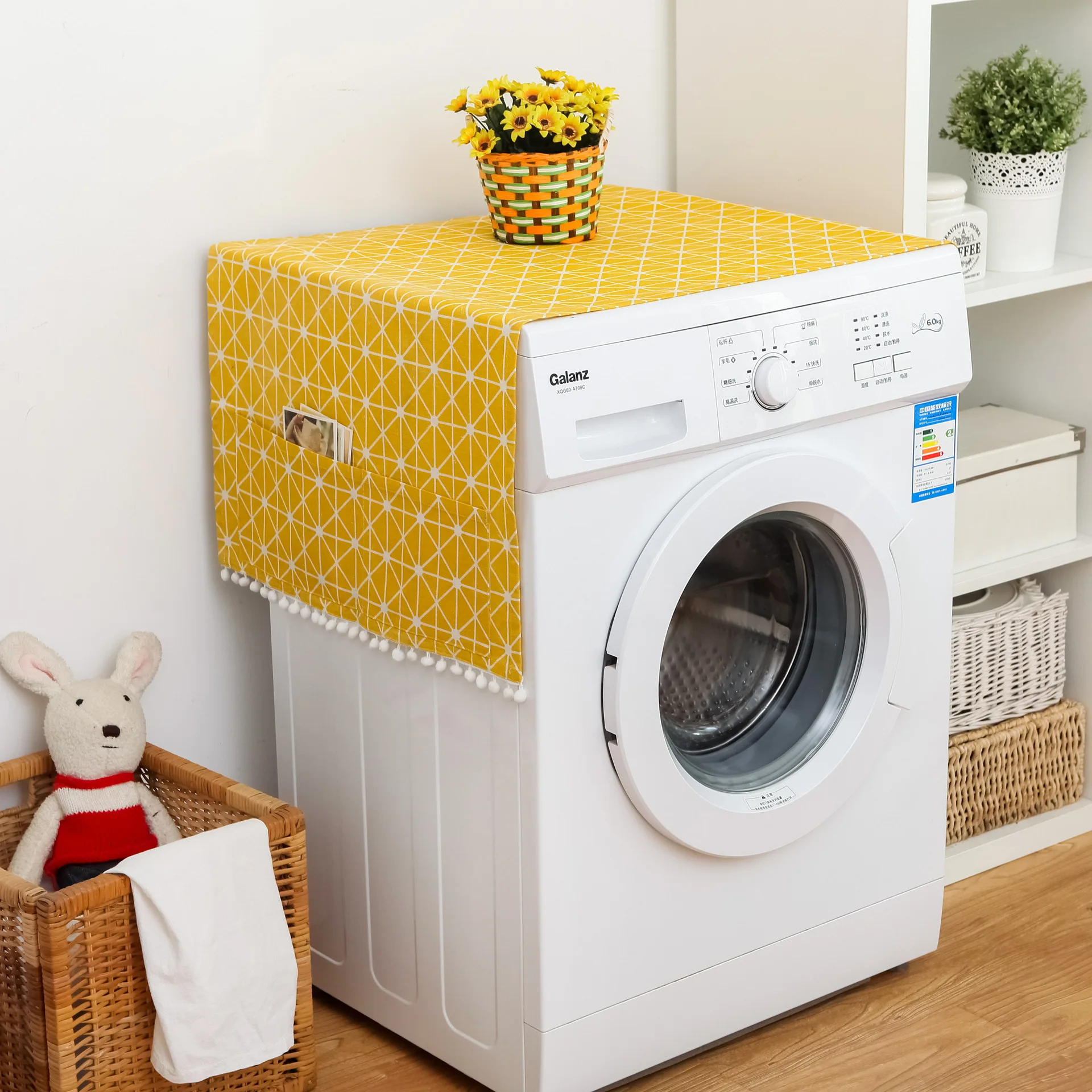 Grey Geometric Single Door Fridge Cover with Dual Opening Dust-proof Cloths for Washing Machines