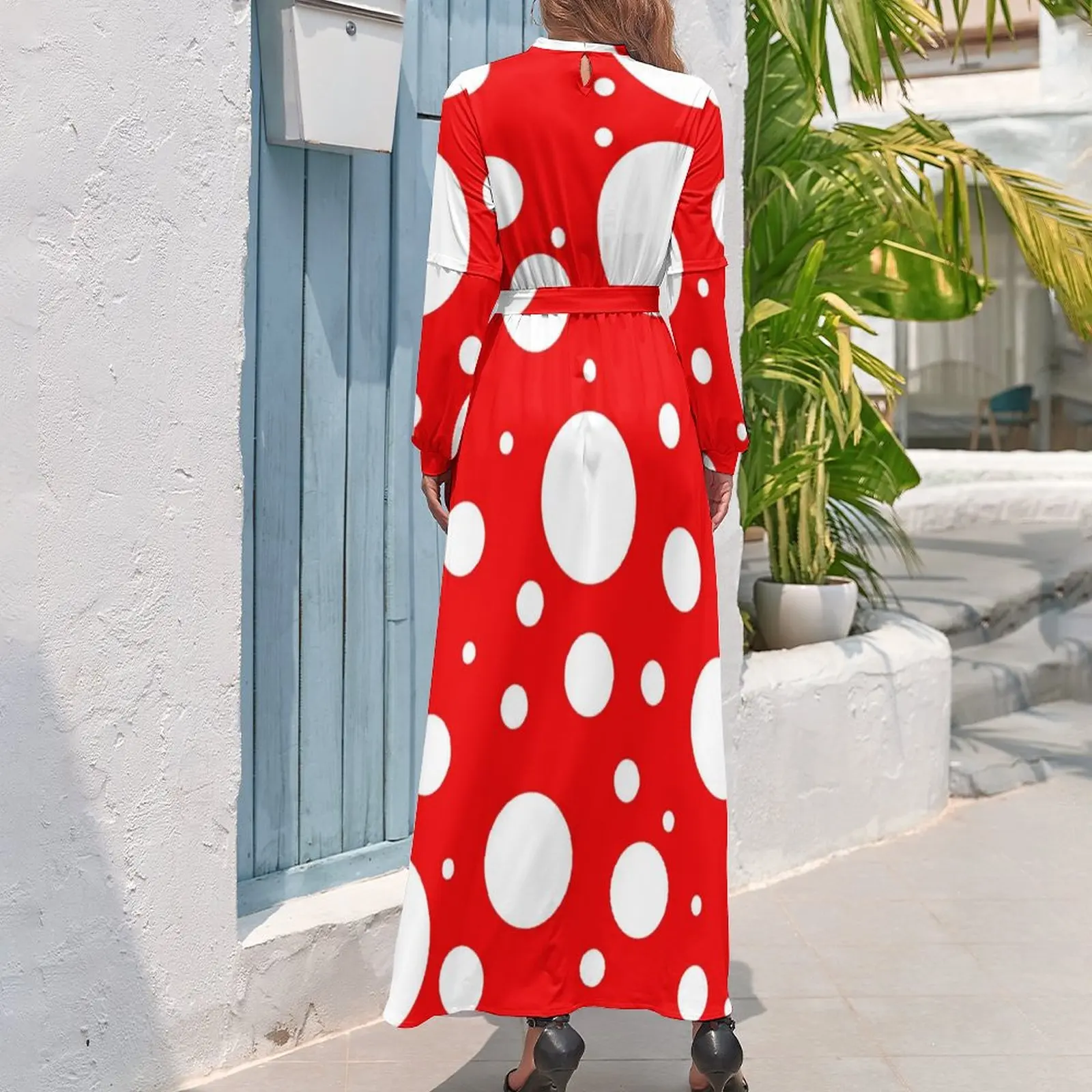 Red White Polka Dot Dress Kusama Yayoi Inspired Aesthetic Beach Dresses Women Long-Sleeve High Waist Sexy Long Maxi Dress