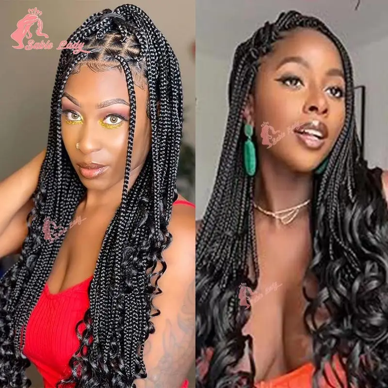 Synthetische Full Lace Frontal Knotless Box Braided Perücken mit lockigen Enden 28 Zoll 1B30 Brown Cornrow Box Braids Perücke für schwarze Frauen