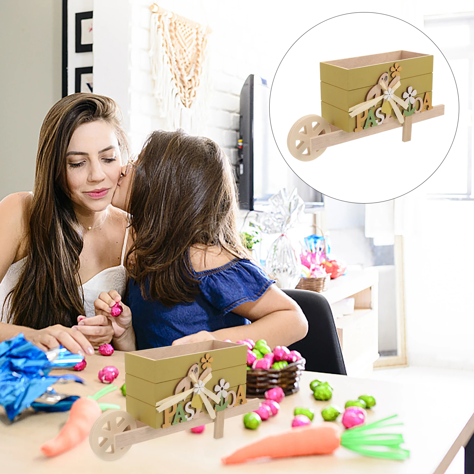 

Easter Wooden Cart Centerpiece Sign Natural Wood Minimalist Design Easter Party Supplies Wooden Small Cart Decor for Desk