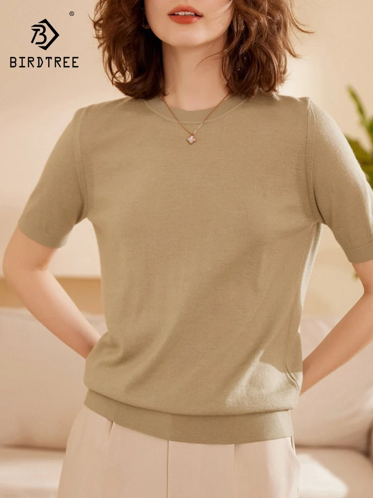 

BirdTree, 16G 100%Pure Cashmere Thin Sweaters, Women Short Sleeve O Neck, Commute Soft Bottom Top, 2024 Fall Winter T47172QC