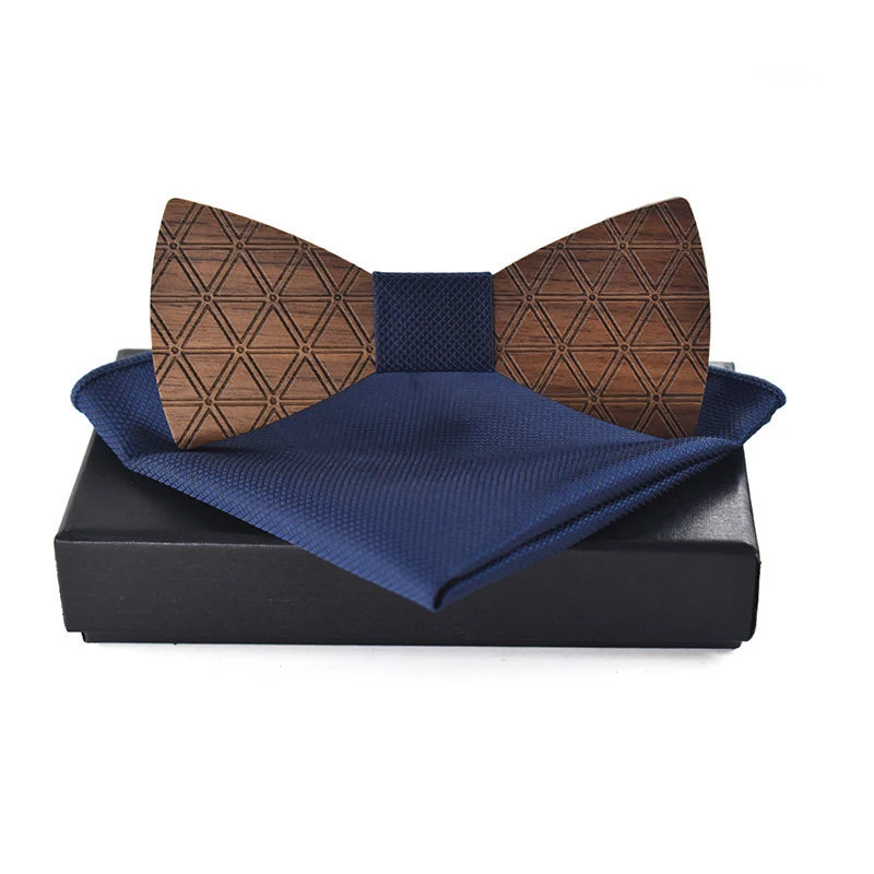 Design Wood Bowtie Geometric Engraving Pocket Square Towel Set For Men Business Wedding Bow Tie Handkerchief With Box NZ254