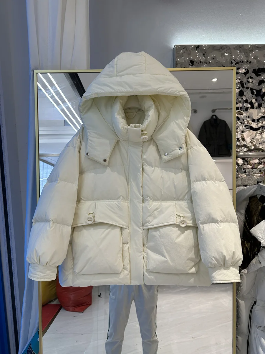 

Женская короткая пуховая куртка: новая модная свободная модель, теплая зимняя куртка с капюшоном, наполнитель — утиный пух