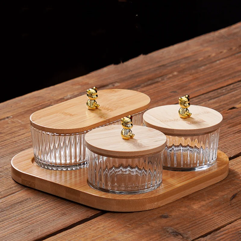 Oval Transparent Glass with Lid, Snack，dishes, Bar, Appetizer, Pastry, Nuts, Candy Box, Home Storage Box, Wooden Tray