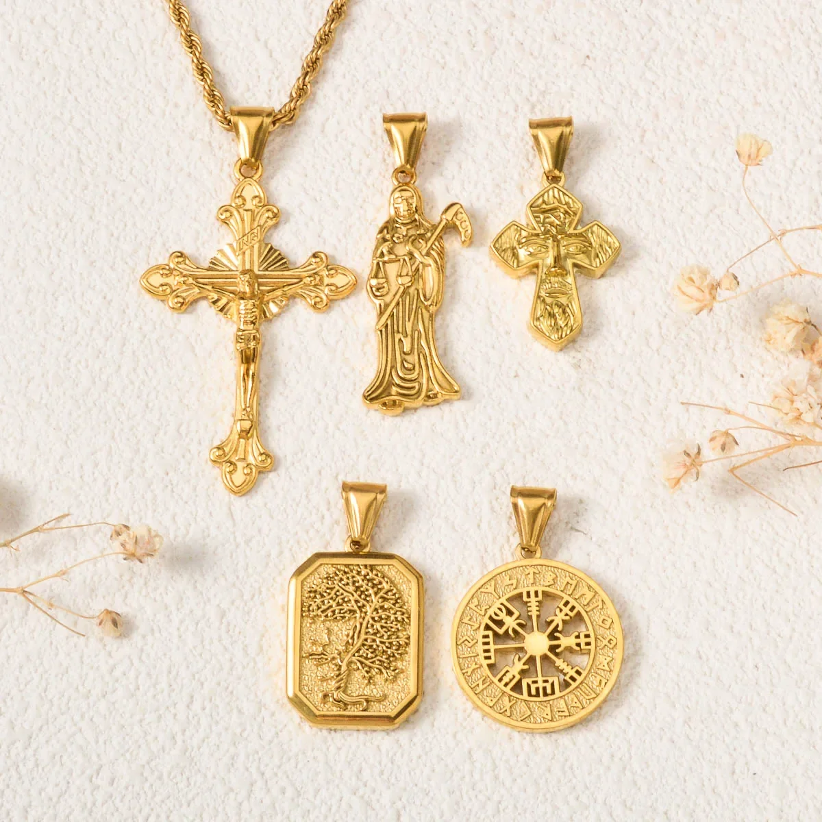 الذهب اللون قلادة قلادة مجموعة الصليب/الملاك/شجرة الحياة/يين يانغ الرموز مجوهرات للرجال النساء الرموز الدينية الروحية مجوهرات