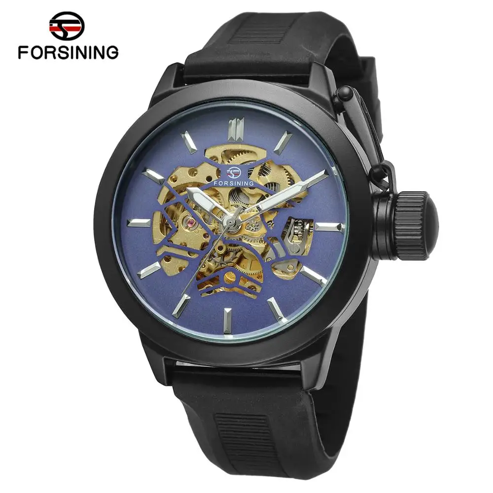 Forsining Blue Skeleton Dial Rubber Band Mens Sport Design Safety Crown Mens Watch Top Brand Luxury Black Mechanical Wrist Watch