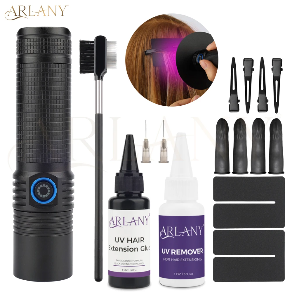 arlany-uv-lamp-hair-extension-kit-3-5s-curing-30g-uv-hair-glue-with-30ml-uv-glue-remover-super-fast-remover-invisible-extensions
