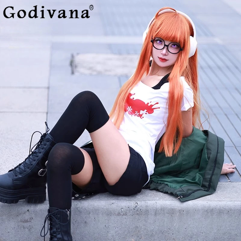 

Women Futaba Sakura Cosplay Short Set Persona 5 The Animation Cos Outfits Female Game Halloween Party Role Play Suits