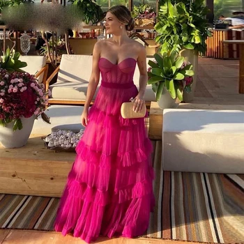 Vestidos de fiesta de tul con volantes escalonados fucsia, escote en forma de corazón, sin mangas, plisado, fruncido, vestidos de noche árabes saudíes, vestido Formal elegante