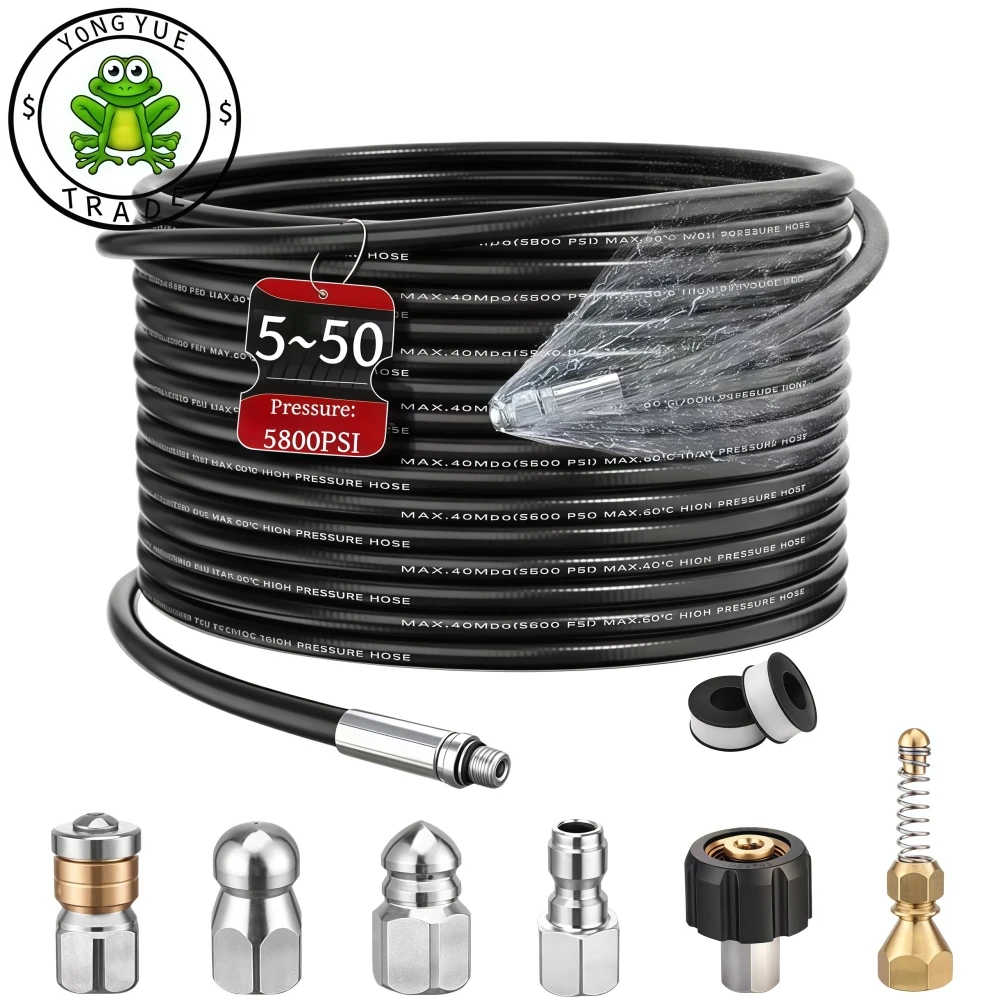 5~50m Pressure Washer Sewer Drain Water Cleaning Hose 5800PSI High Pressure Rotating Cleaning Nozzle For Karcher Bosch Lavor