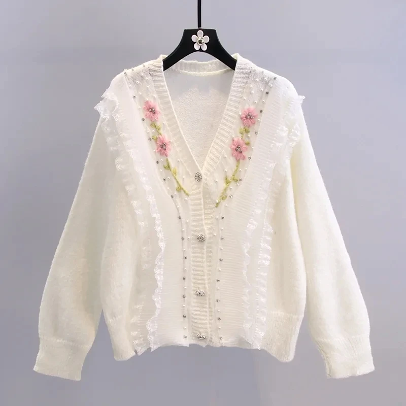 Vintage Floral Embroidery Knittsd Cardigan Women Autumn Sweet Fashion Sweater Coat Korean Preppy Style Lolita Lace Sweater Coat