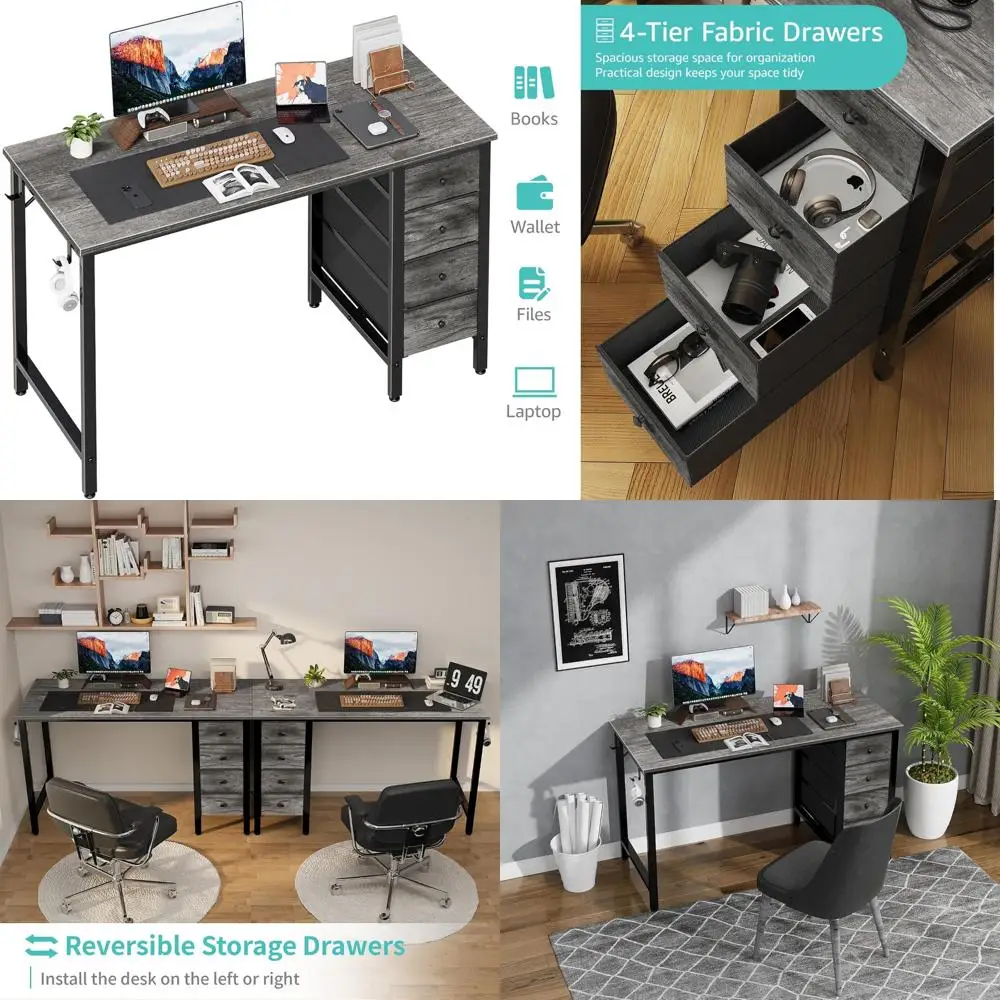 47 Inch Modern Computer Desk with 4 Fabric Drawers - Home Office Study Desk for Writing and PC Work, Simple Design Student Desk