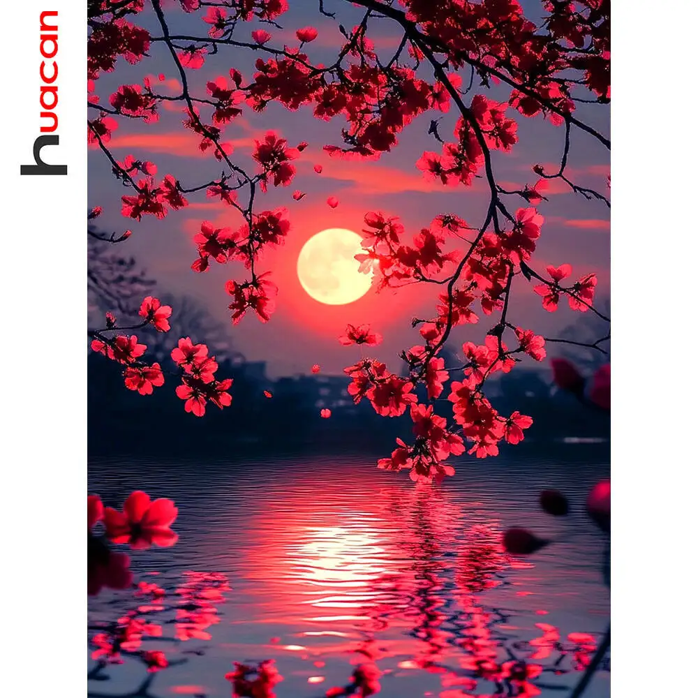 Huacan Diamantgemälde, Sonnenuntergang, Pflaumenblüte, Diamantmosaik, Blumenlandschaft, neu, 2025, handgefertigtes Geschenk
