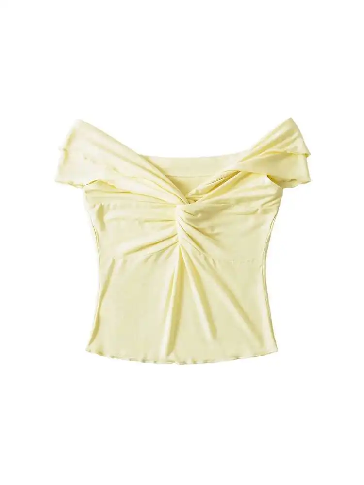 T-shirt a maniche corte con spalla intrecciata per stile estivo da donna per scollo a V sottile dolce donna coreana Tosp 2024 Nuovo G2OF