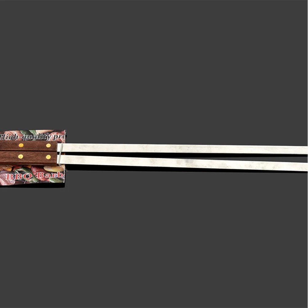 

Stainless Steel Wood Handle Bbq Skewers Flat Design Meat Sticks Reusable Barbecue Forks For Family Outdoor Grilling