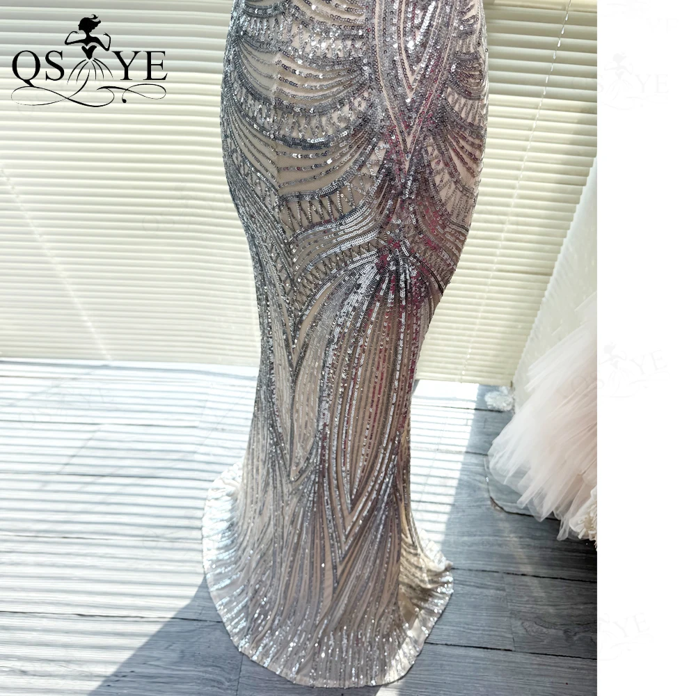 السباغيتي الأشرطة الخامس الرقبة الترتر الفضة حفلة موسيقية فساتين كامل حورية البحر نمط الدانتيل ثوب مسائي حزب عارية الذراعين صالح فستان فضي رسمي