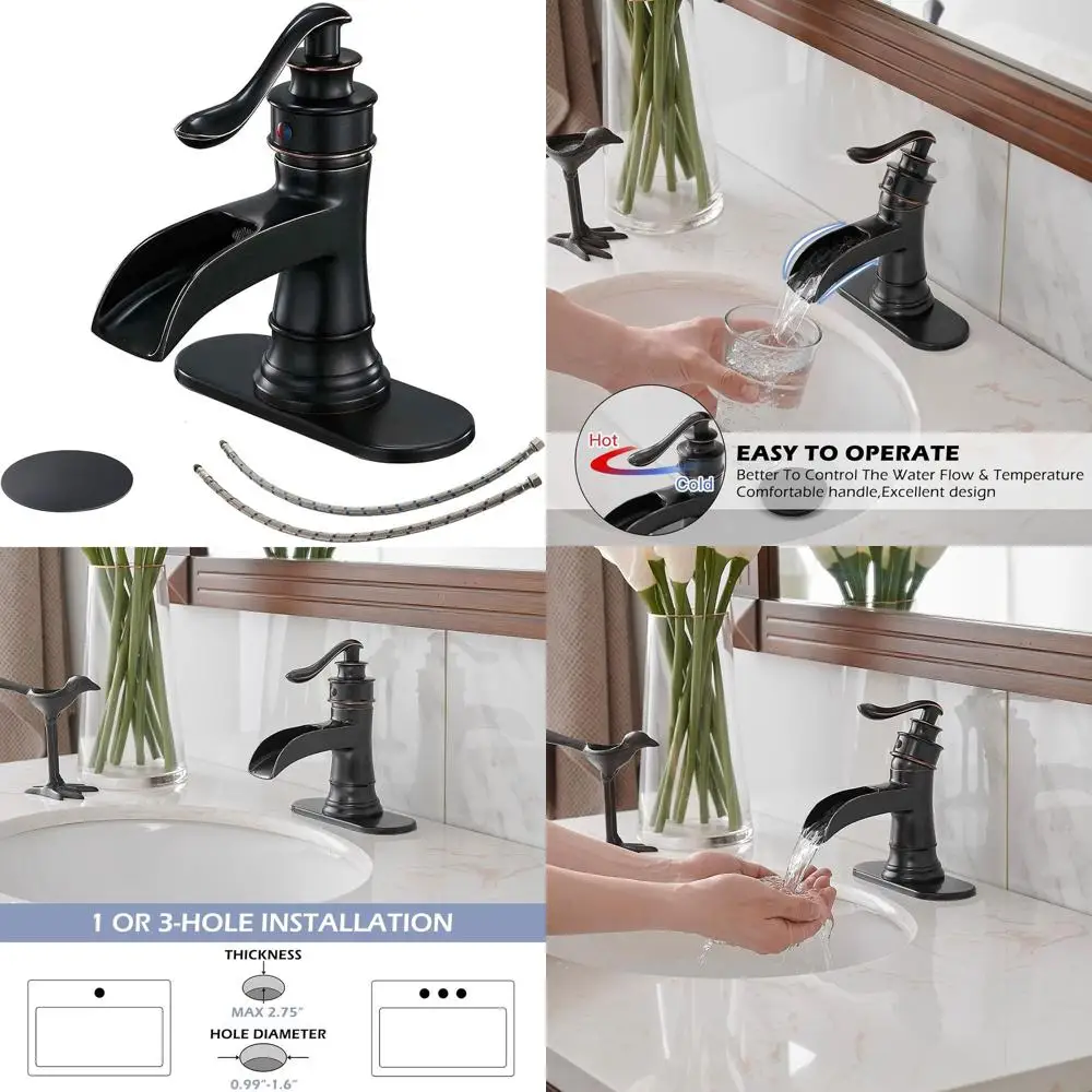 

Single Handle Waterfall Bathroom Sink Faucet with 1.2 GPM, Oil Rubbed Bronze Finish, Pop-Up Drain & Hose Assembly