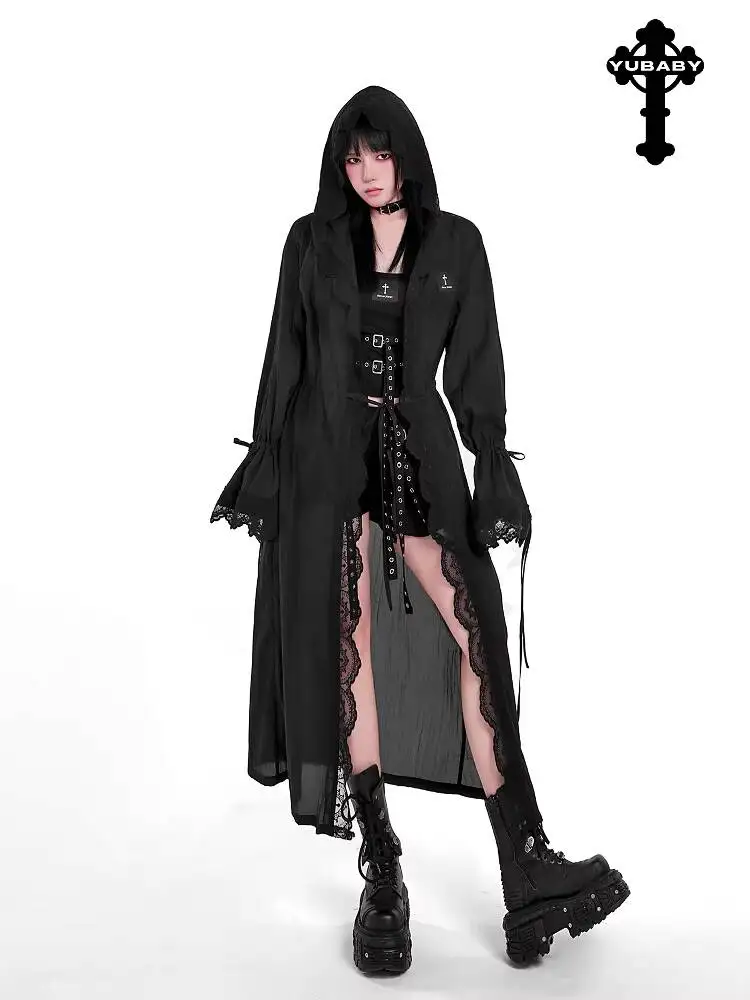 

Women Long Lace Trench Coat 2026 Spring Summer Cross Floral Lace Black White Sun Protection Coat Long Thin Maxi Outerwear