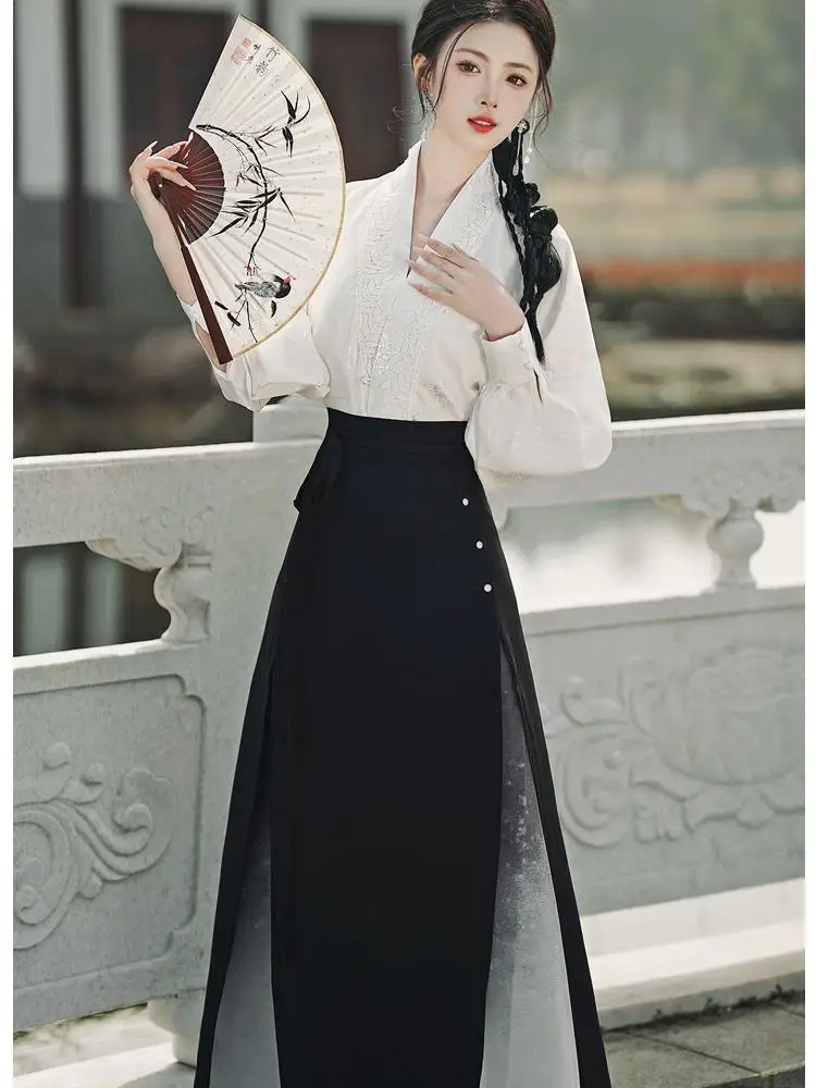 Chinese Stijl Inkt Schilderij Hanfu Jurk Pak Cross Kraag Blouse Zwarte Parel Paard Gezicht Rok Origineel En Verbeterde Moderne Hanfu