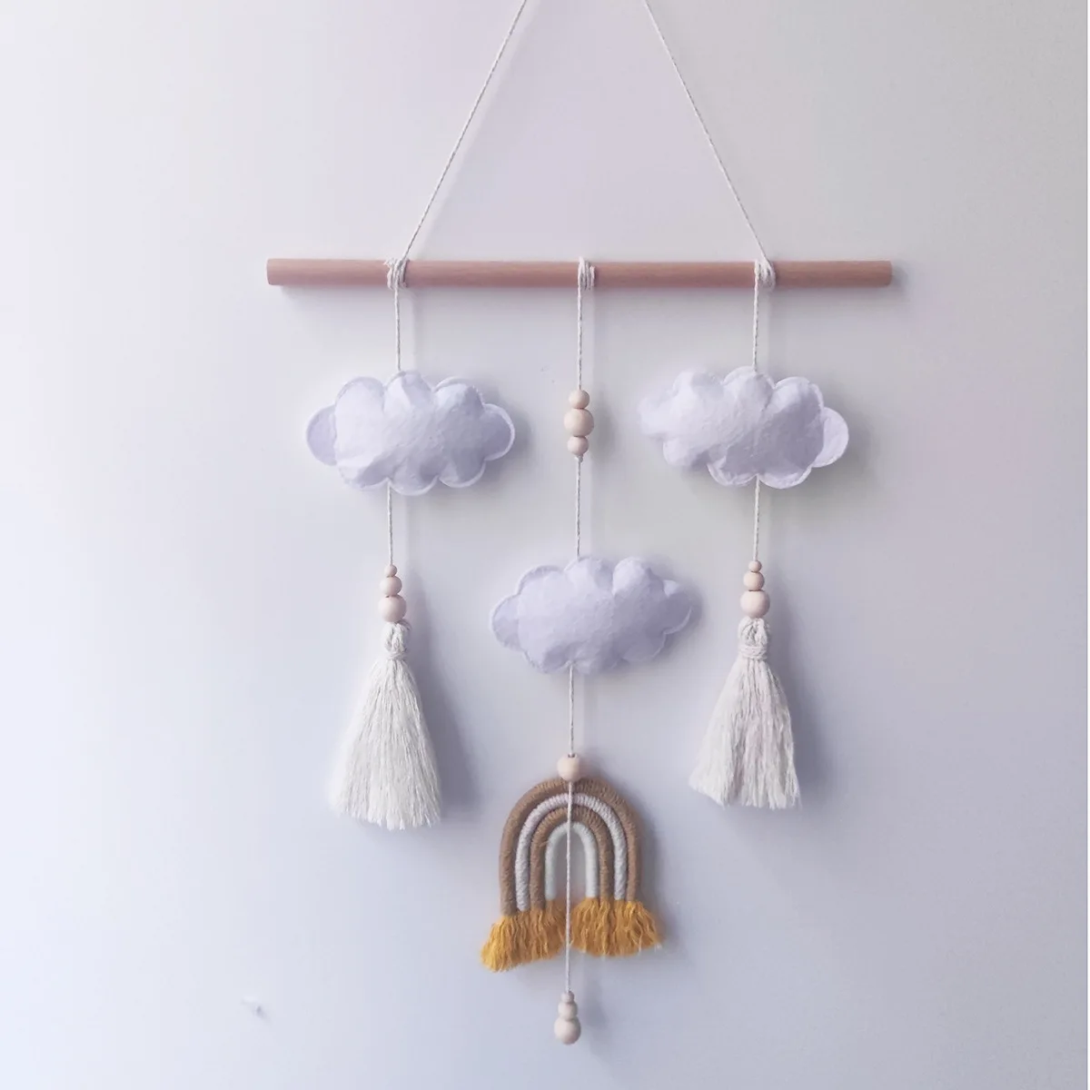 Cute Felt Cloud Hanging Ornament Wooden Stick Tassel Pendant, Baby Kids Room Nursery Wall Hanging Decor Photography Photo Props