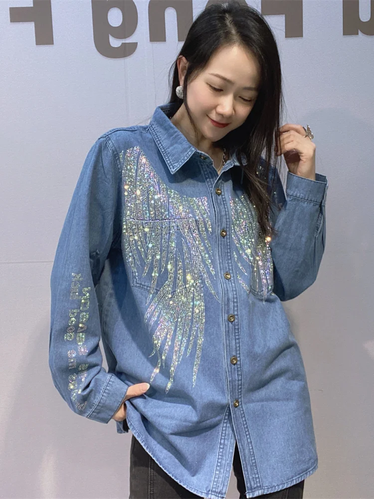 

Женская джинсовая рубашка Ele Casual свободного кроя с декором из страз, весна-осень, синяя, универсальная, удобная, дышащая