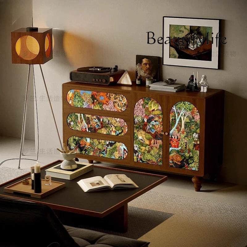 

BJ French Retro Style Abstract Solid Wood Chest Cabinet Storage Decorative Cabinet Living Room Sofa Storage Integrated Cabinet