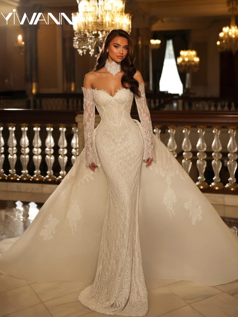 

Detachable Train Pearls Lace Long Wedding Dress Sweetheart Neck Off Shoulder Bridal Gown Customized Dreamy Dresses For Bride