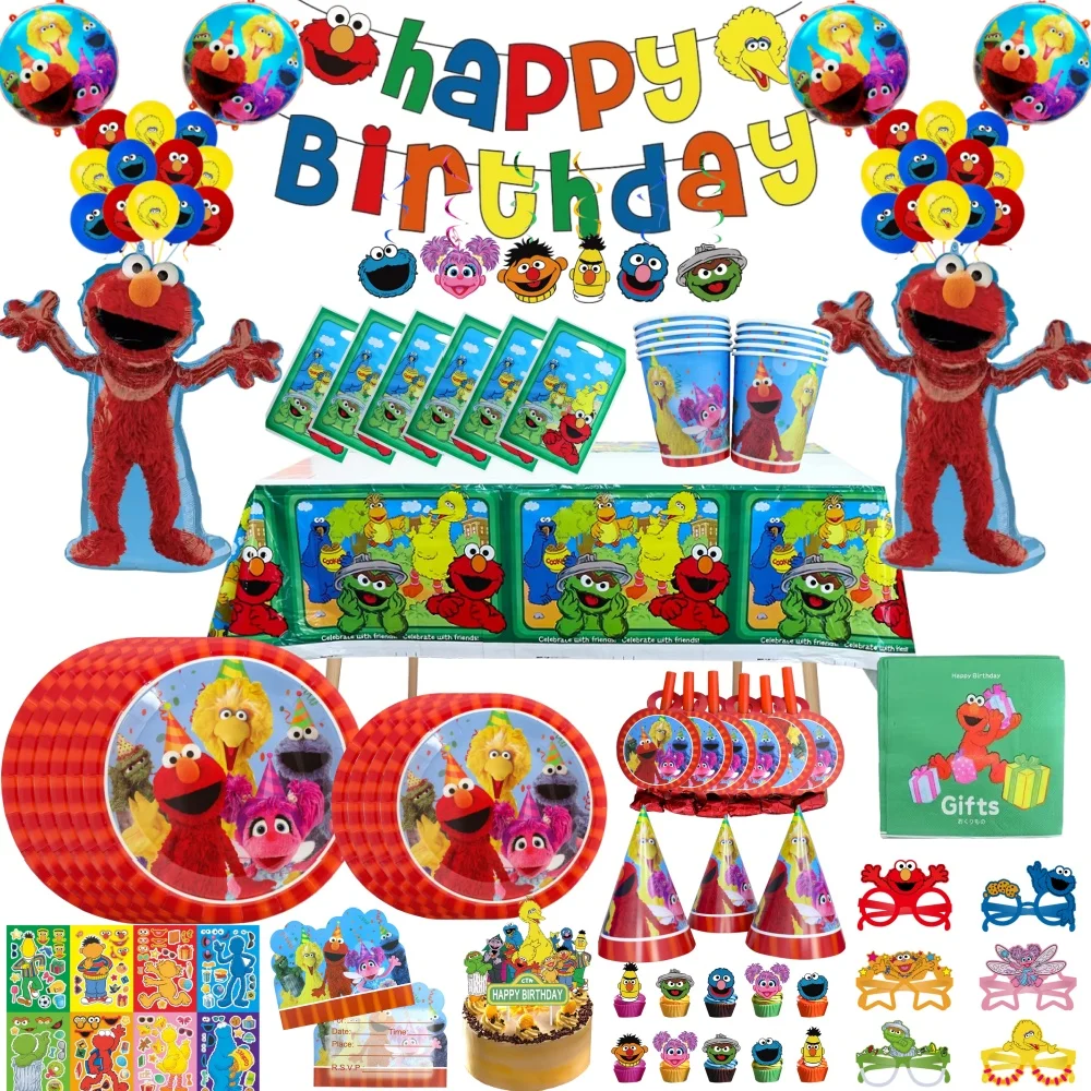 Artículos para Fiesta de Cumpleaños de Plaza Sésamo, Vajilla de Cookie Monster y Big Bird, Platos, Vasos, Mantel, Globos de Elmo, Decoración para Fiestas Infantiles