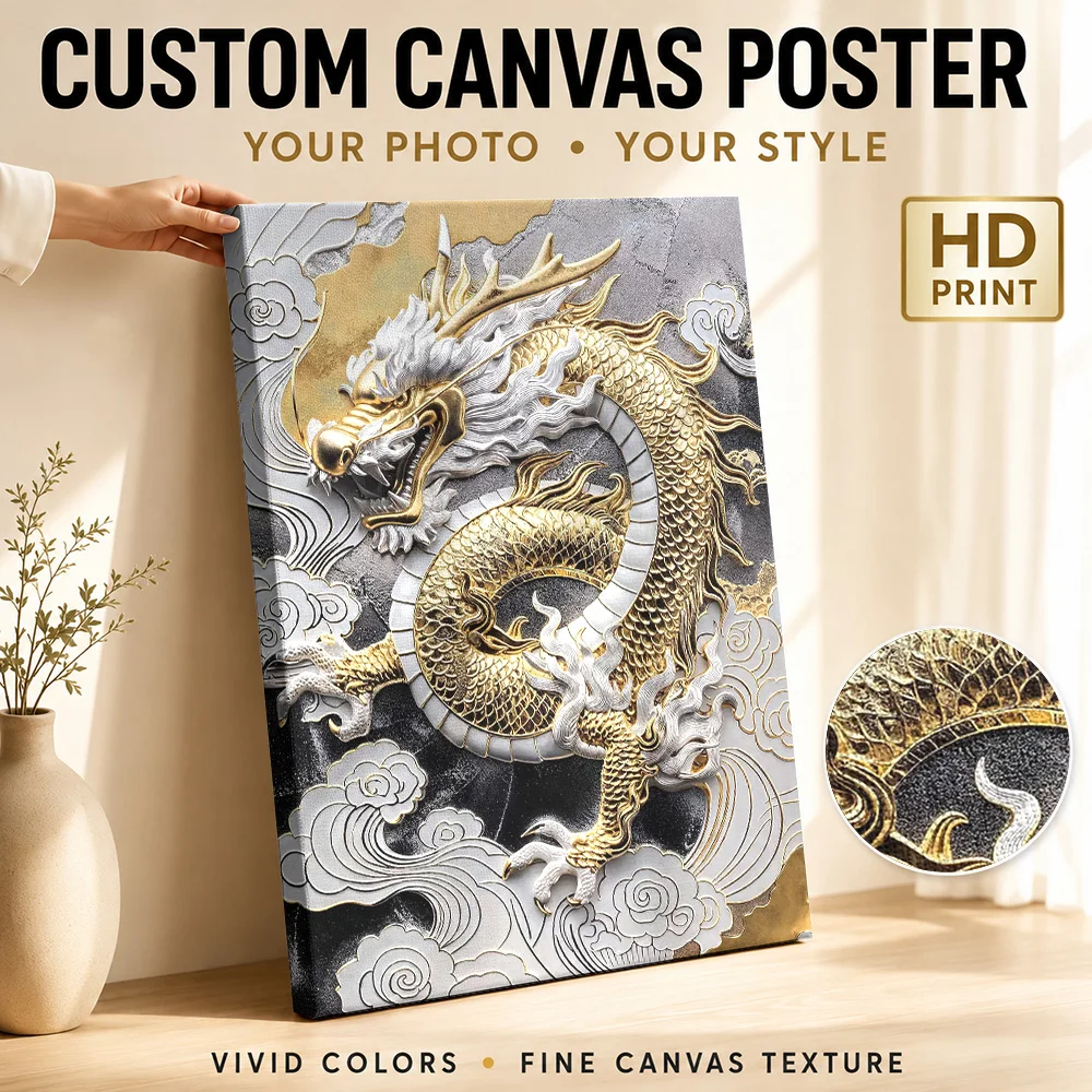 Gold Asian Dragon Majesty Canvas Poster Custom Photo Japanese Inspired Wall Paintings Decoration for Living Room Ready to Hang