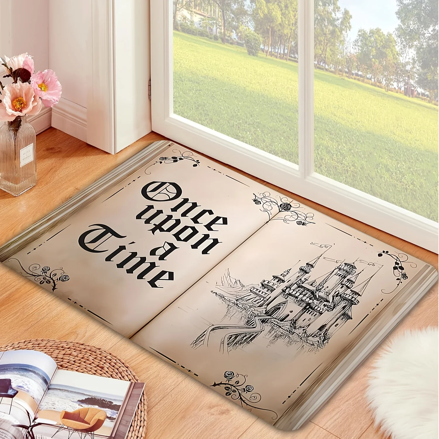 Vintage Book Castle Doormat Storybook Rug, Soft Polyester Non-Slip Machine Washable Door Carpet for Literary Home Decor