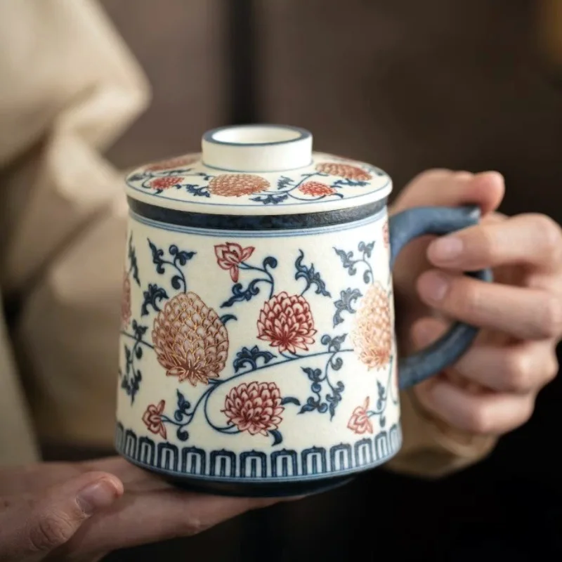 Hand-painted Blue and White Firestone Ceramic Tea Cup with Lid, Mug for Home Use, Office Cup with Tea Filter, Water Cup, Gift Cu