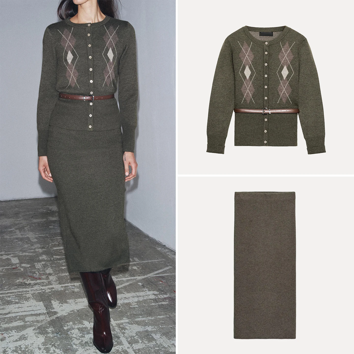 

Z Women's Knitted Diamond Pattern Jaet with Belt 2025 New Sle Long Sve round Ne Two-Piece Set Faion Outerwear