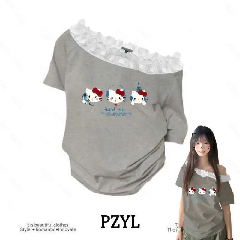 T-shirt con spalle scoperte da donna Sanrio Fashion T-shirt Hello Kitty T-shirt da ragazza Kawaii da indossare ogni giorno T-shirt allentata dolce Y2K Incontri alla moda